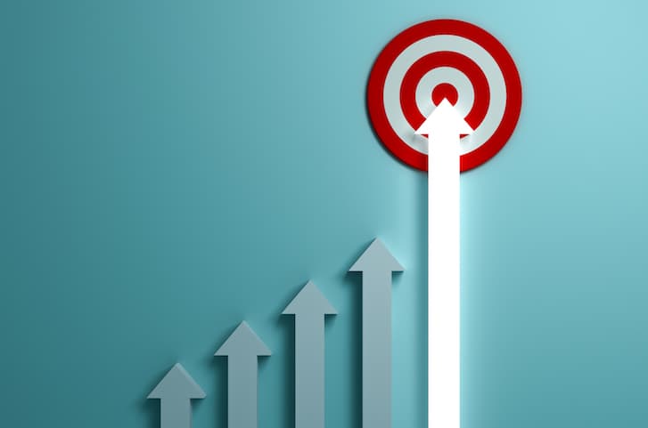 Growing up light arrow graph aiming to goal target or red dart board the business concept on green pastel color wall background with shadow 3D rendering