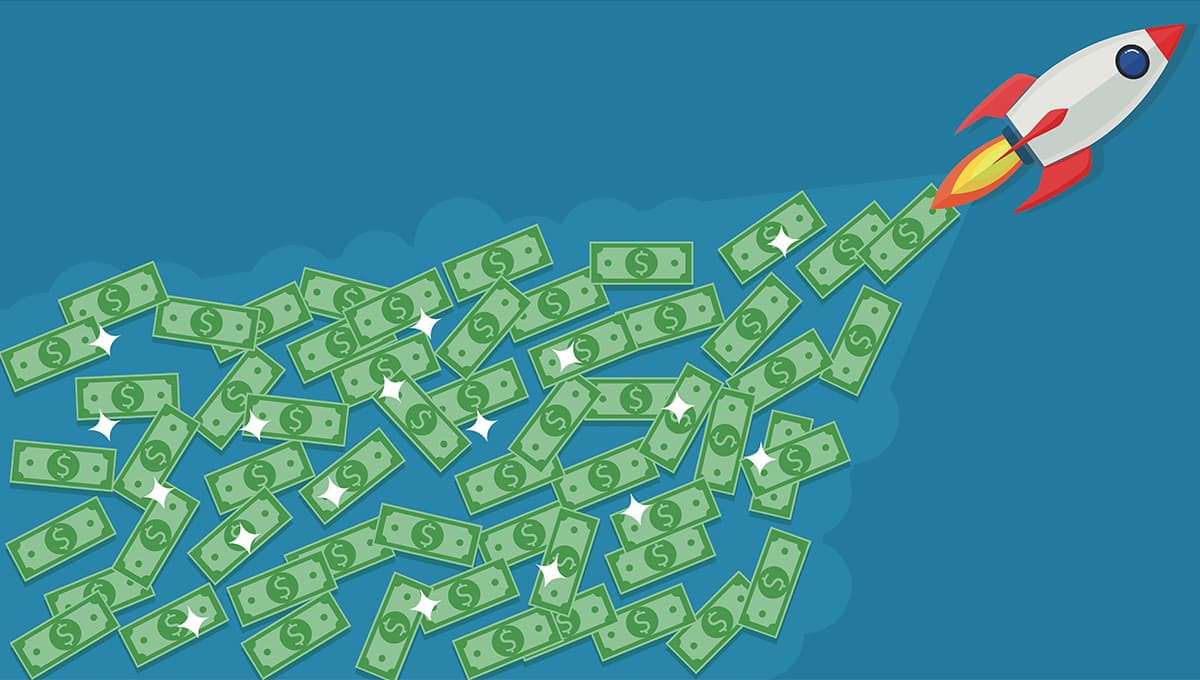 Illustration of a rocket taking off, followed by a cloud of US dollars
