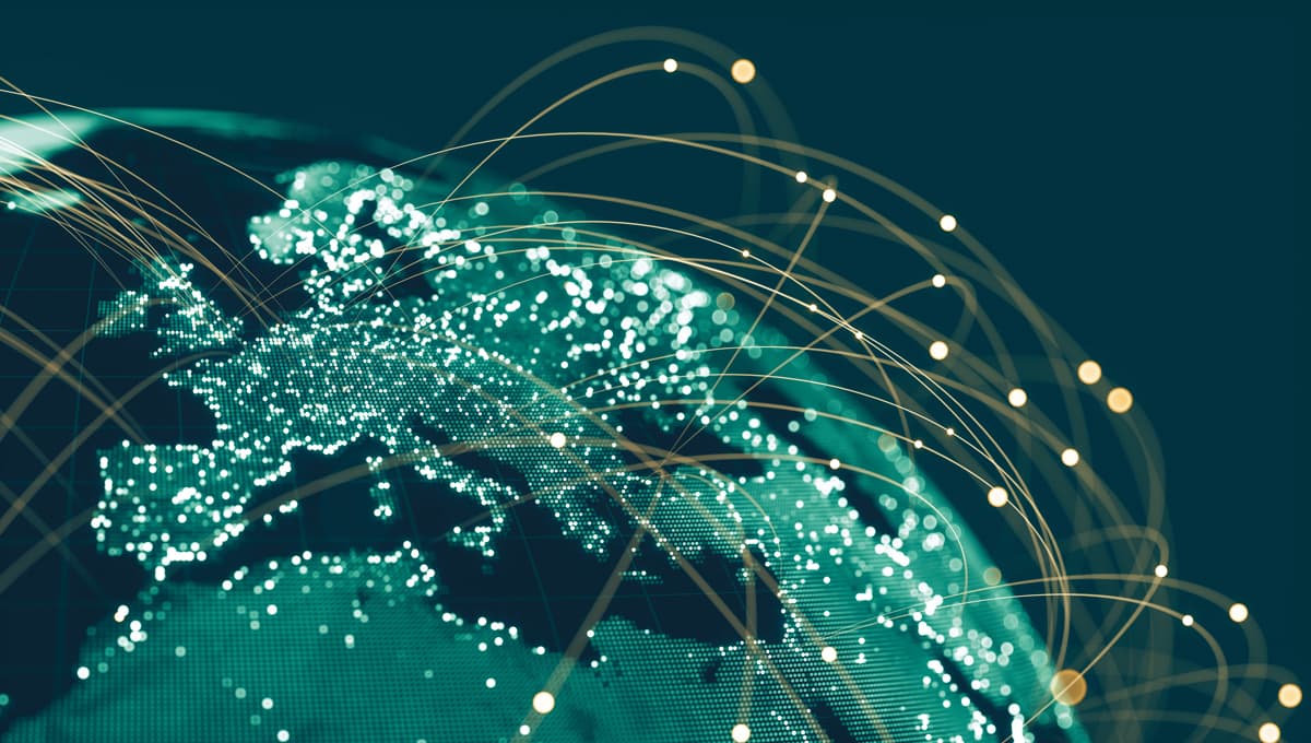 A map of Europe at night time, lit up by connection points
