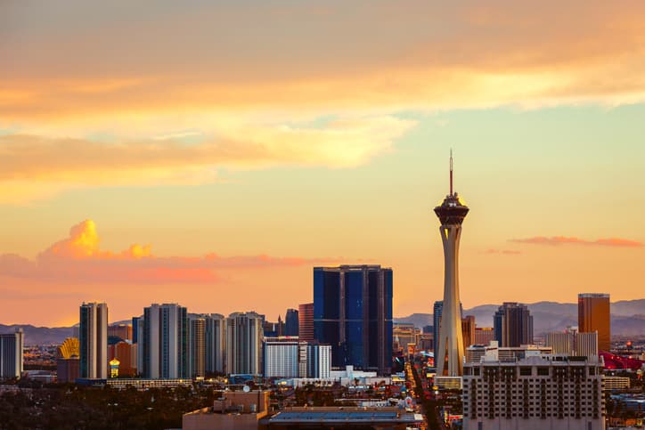 Las Vegas skyline at sunset.
