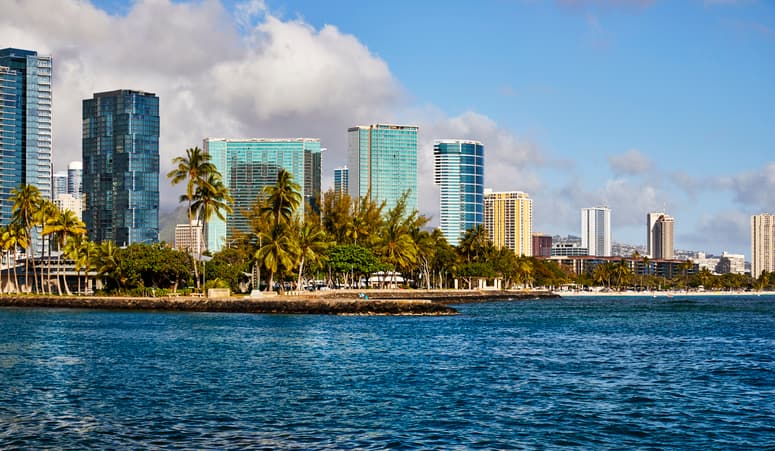 Ala Moana Beach Park with skyline view of Honolulu, Hawaii