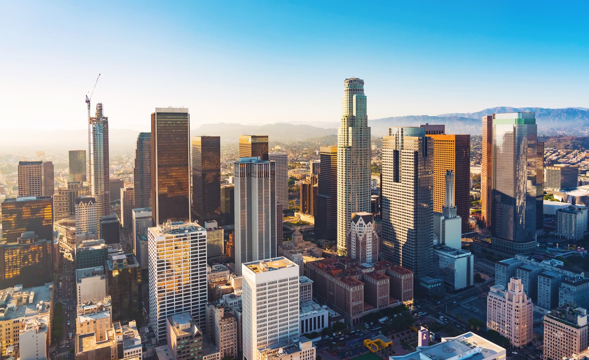Aerial view of a Downtown Los Angeles at sunset