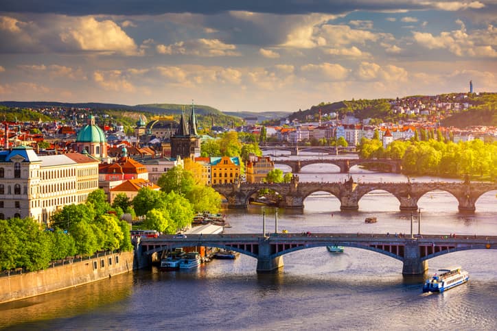 Vltava river and old city center from Letna park, Prague, Czechia. Vltava river and Charles bridge, Prague, Czechia.