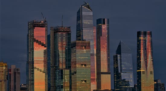 NYC Hudson Yards skyline during sunset