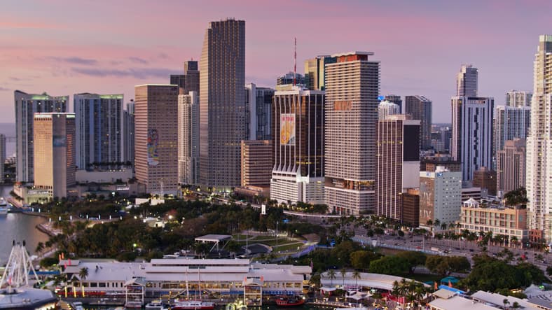 Aerial view of skyscrapers in Miami before sunrise on a spring morning.
