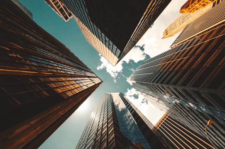 Low angle view of the skyscrapers in New York City.