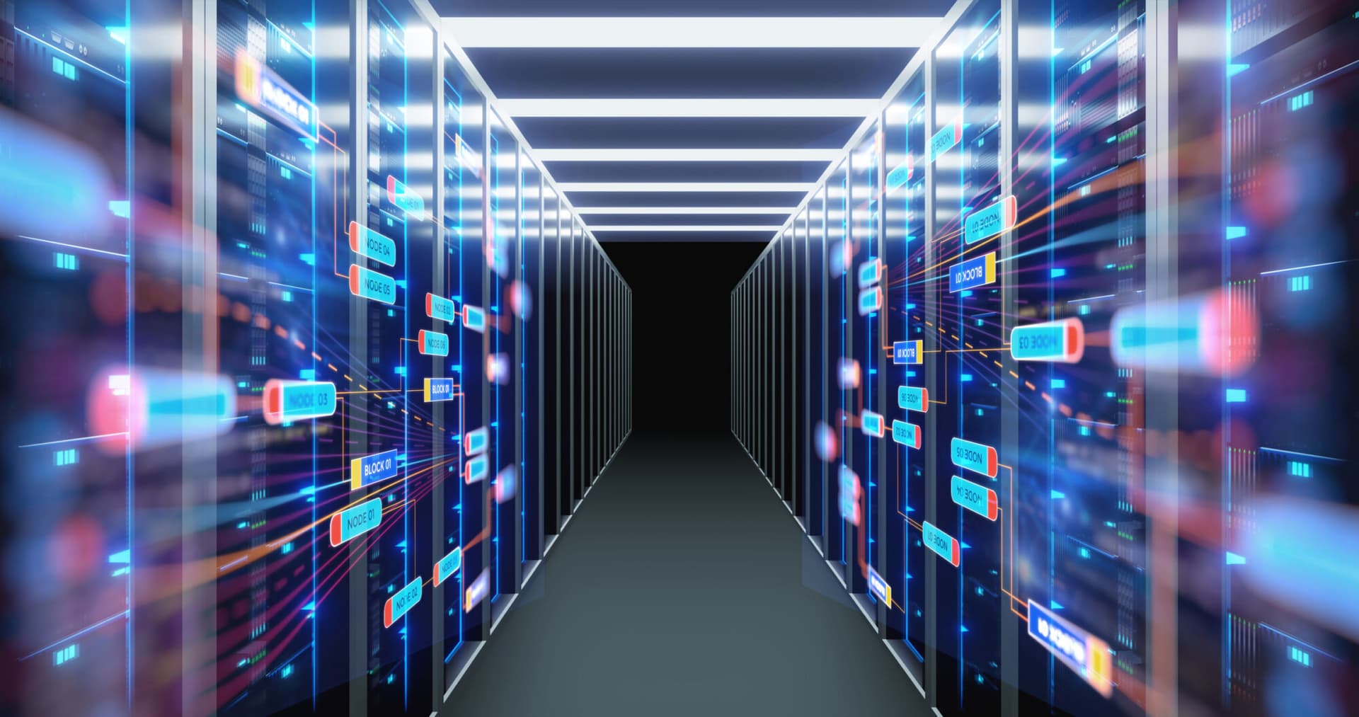 3D illustration of server room in data center full of telecommunication equipment,concept of big data storage and cloud computing technology.