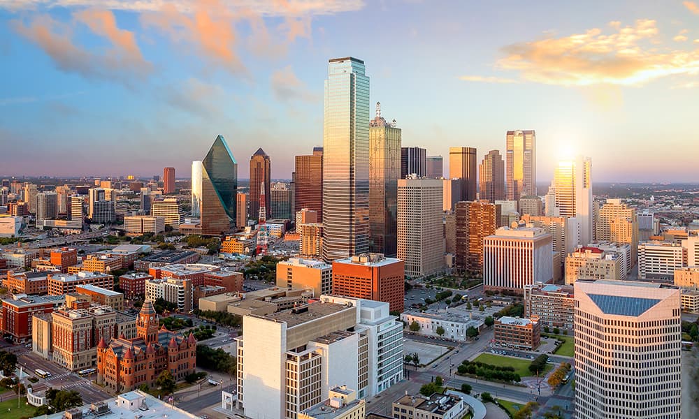 An aerial view of the skyline of Dallas, Texas.