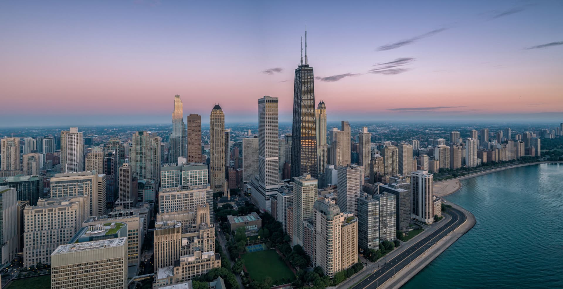 Aerial view of Chicago at golden hour.