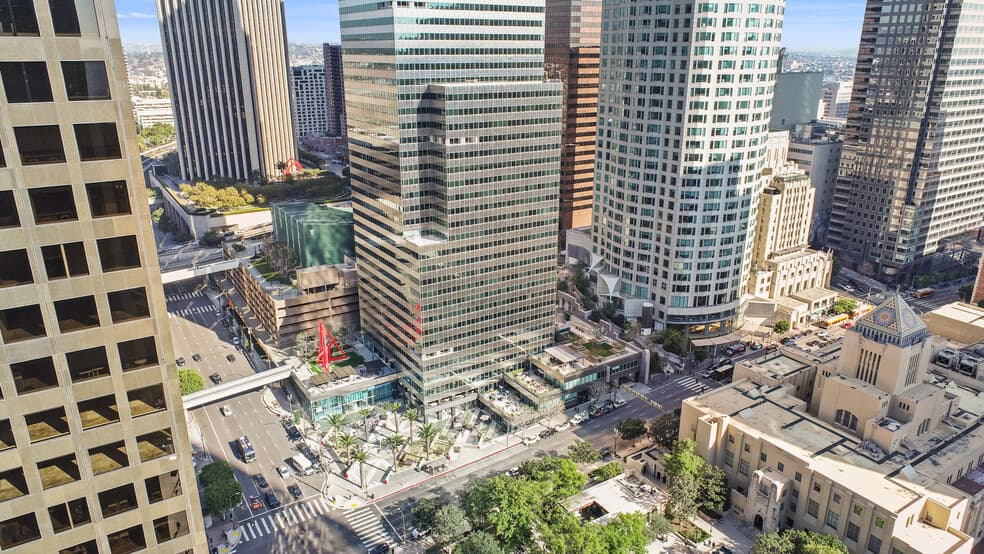 Wide angle view of the office tower at 444 South Flower Street in Los Angeles, California.