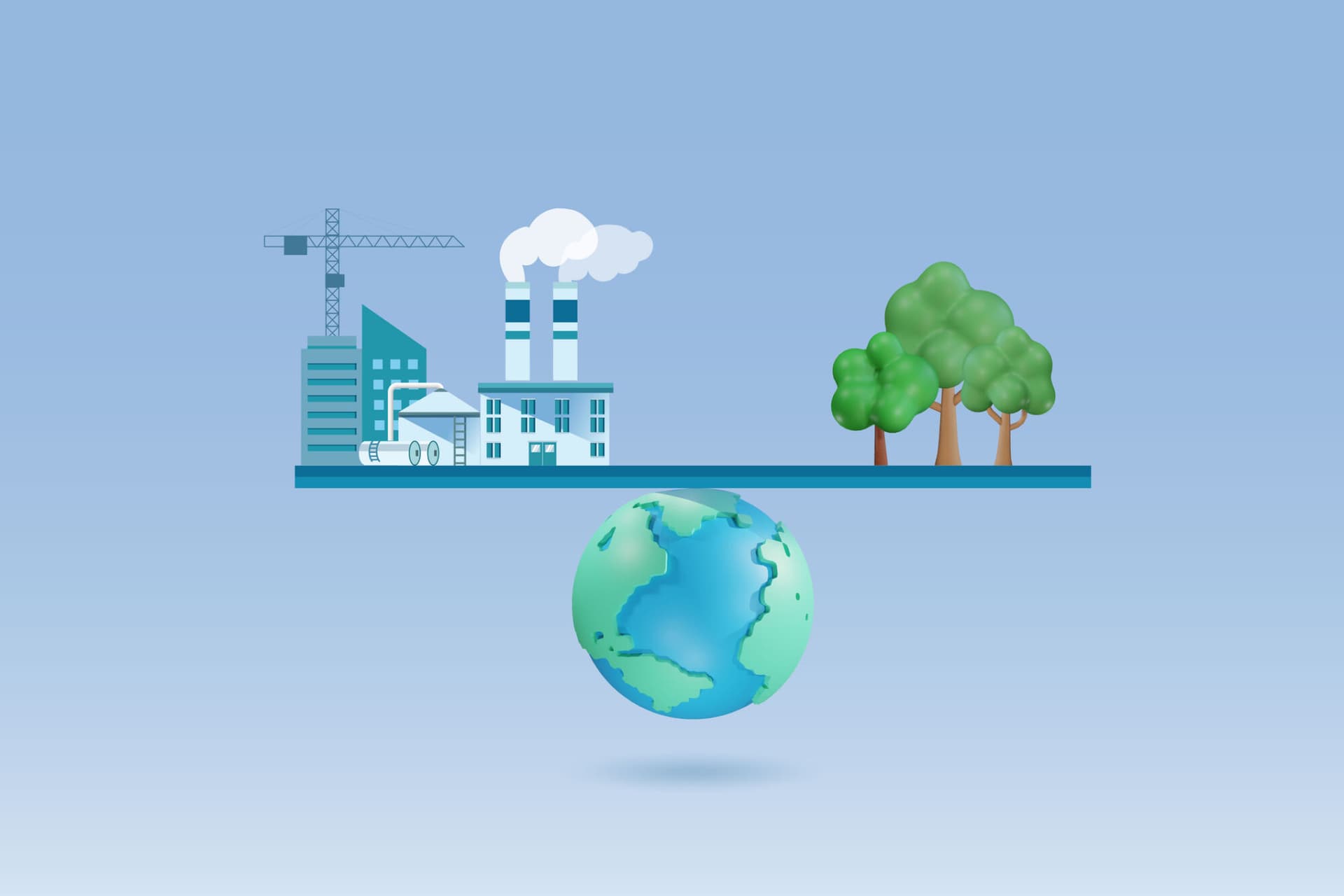 World on balance bar between industrial buildings and forest