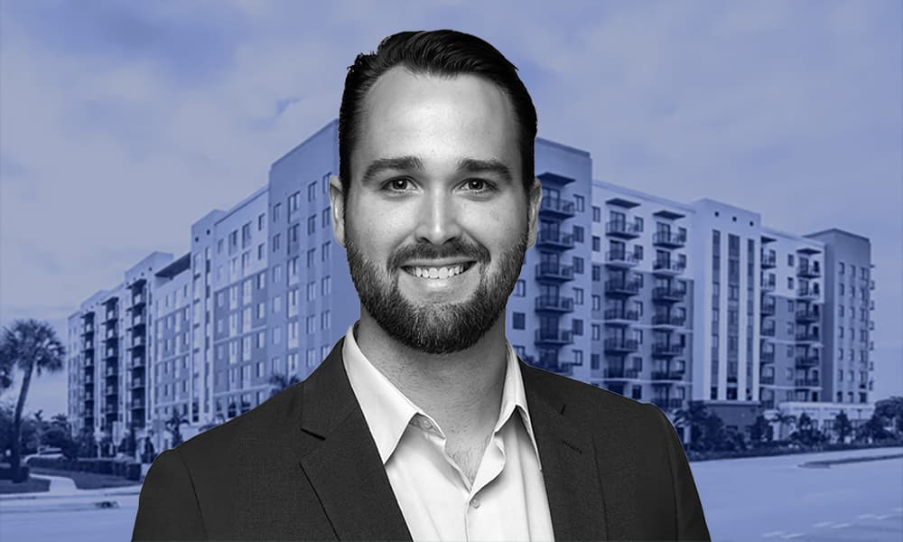 Trevor Arnholt, PGIM Real Estate set against a backdrop of an asset in Mill Creek's residential portfolio