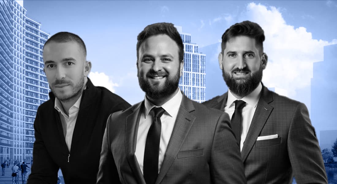 Steven Jemal of S3 Capital and Yehuda Kotkes and Daniel Spiegel of KS Group in front of a rendering of Astoria Cove.