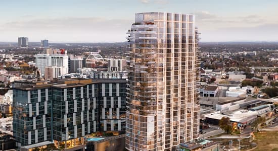 An altered and expanded rendering of Pendry Nashville in Tennessee, background using content-aware expansion by design team