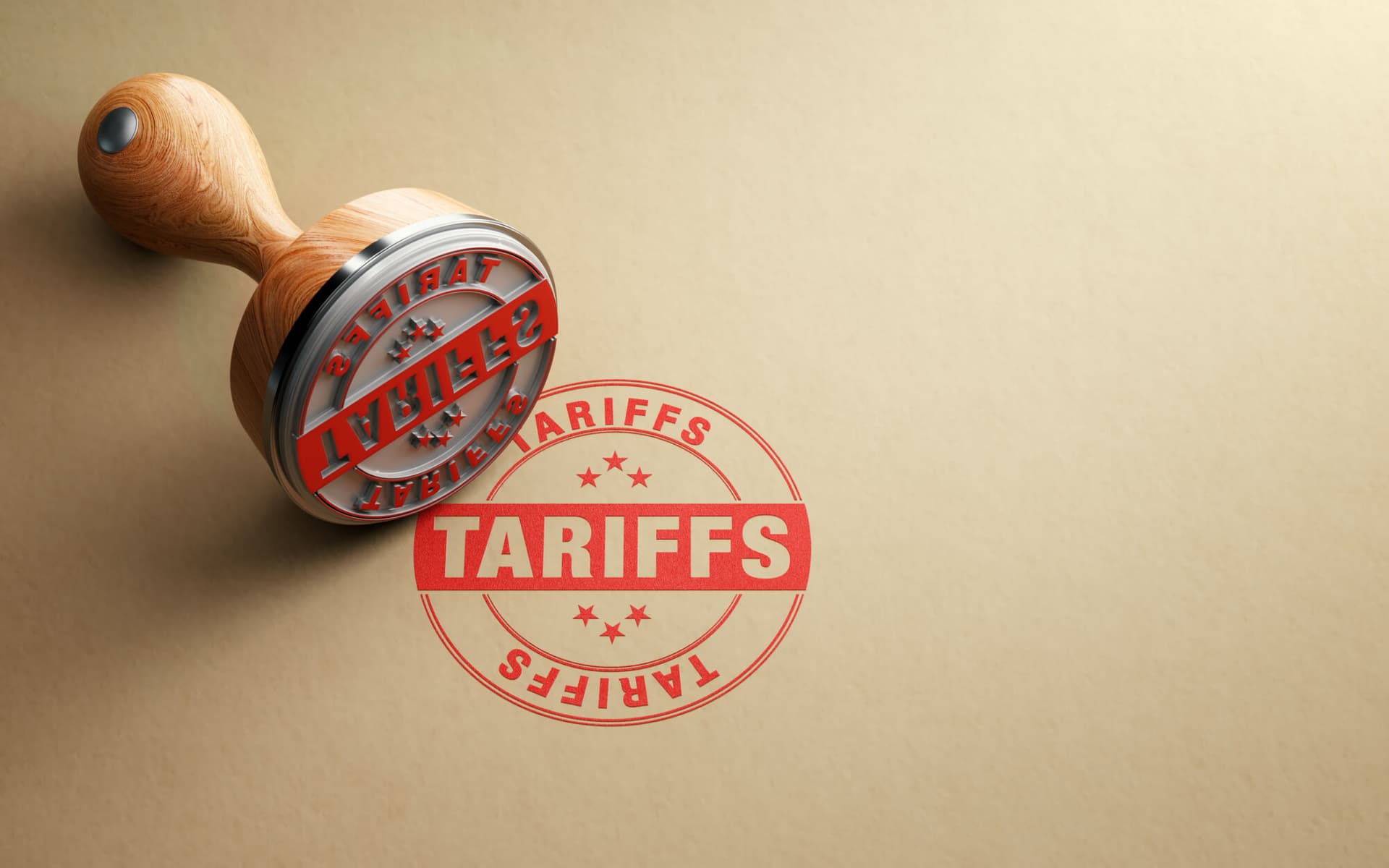 Wooden tariffs stamp, from Getty Images.