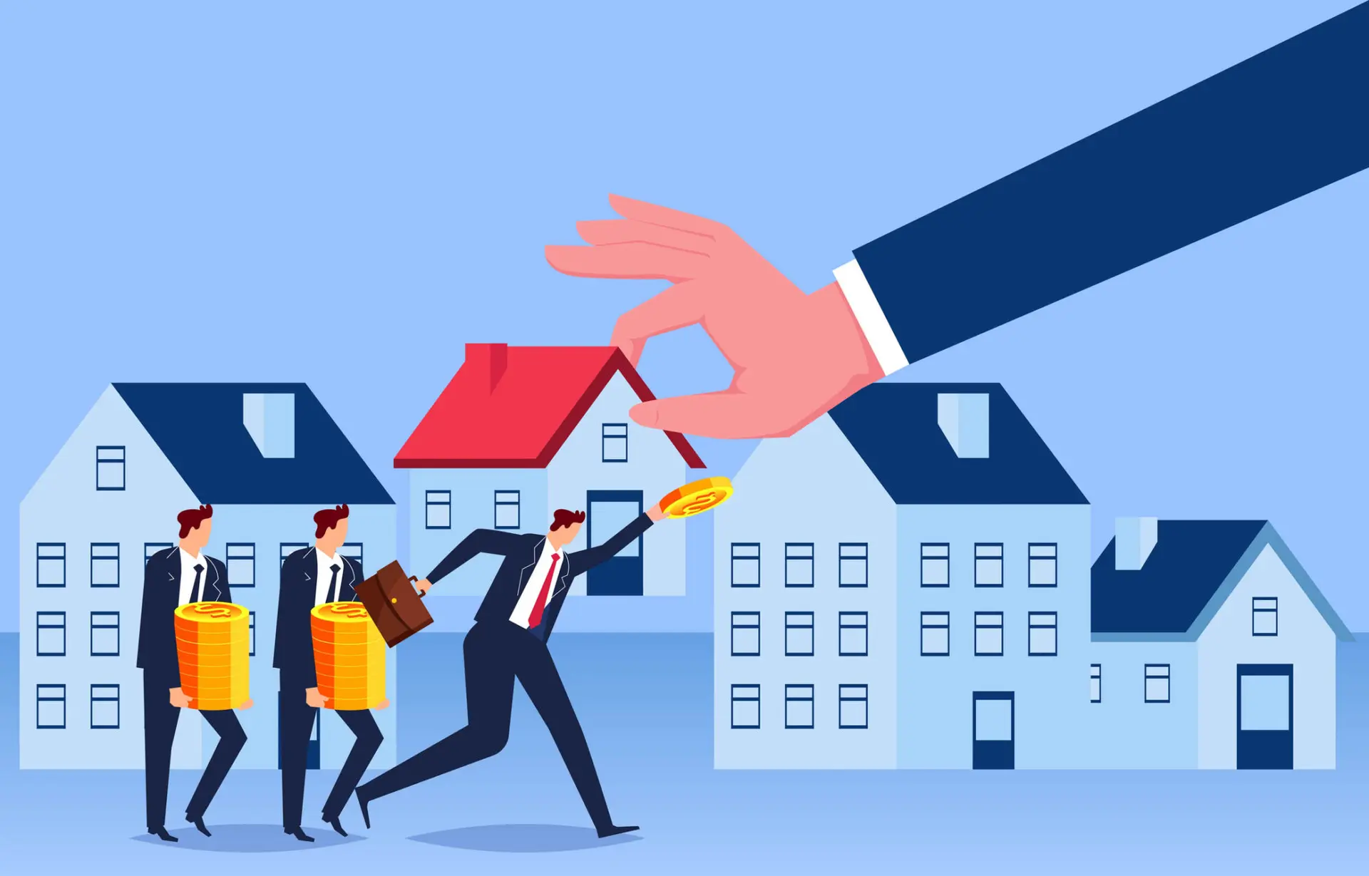 Real estate mortgages, investments, sales and development, home loans, businessmen taking money to buy houses held in large hands