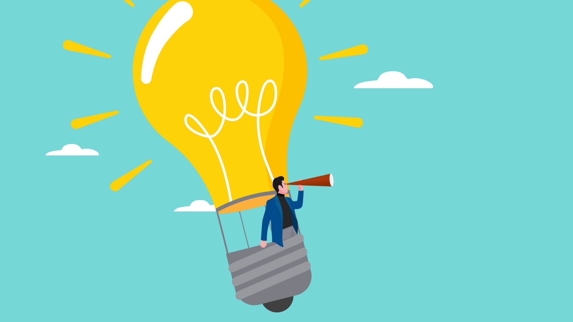 Illustration of a businessman riding a light bulb-shaped hot air balloon to observe business opportunities, looking for business opportunities with knowledge, business and motivational illustration; new idea; light bulb