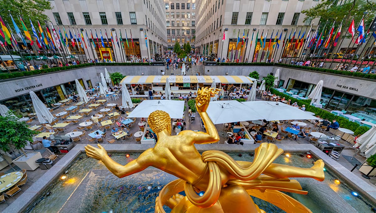 United States, New York City - September 14, 2019: Statue of Prometheus in Rockefeller Center, in Midtown Manhattan, commissioned by the Rockefeller family.