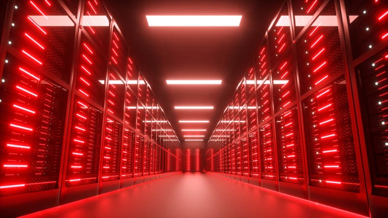 Red server room in data center.