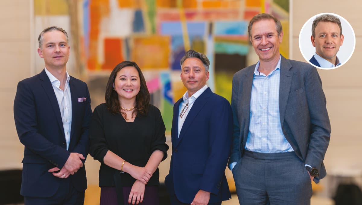 From left: Yorick Starr, Invesco Real Estate; Katy Mao, Oaktree Capital Management; Nasir Alamgir, Barings; Peter Gordon, AllianceBernstein; and Steve Fried (inset), Mesa West Capital for the June/July 2025 magazine roundtable