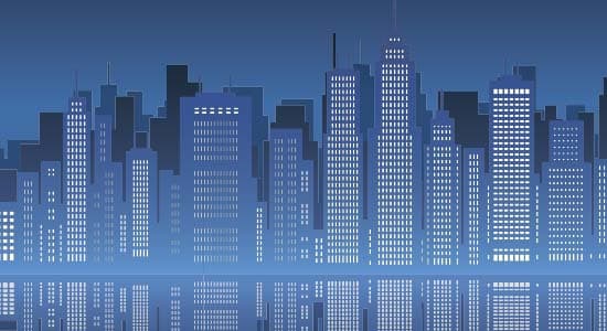 Graphic of a foggy digital city with skyscrapers.