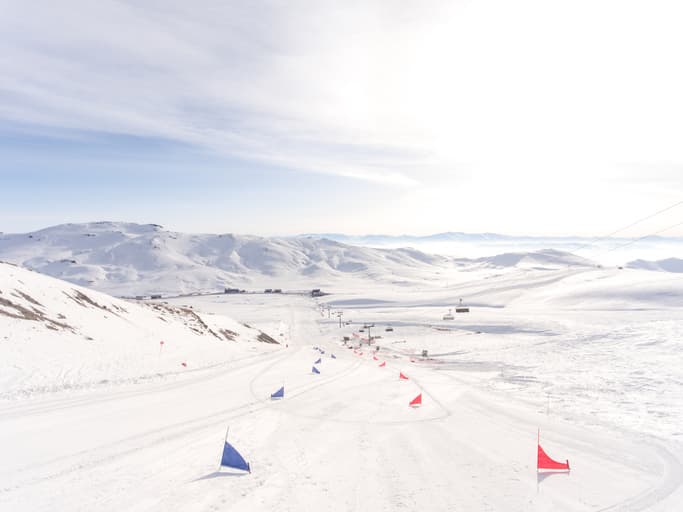 Aerial view of a starting line of Skiing Slalom Competition