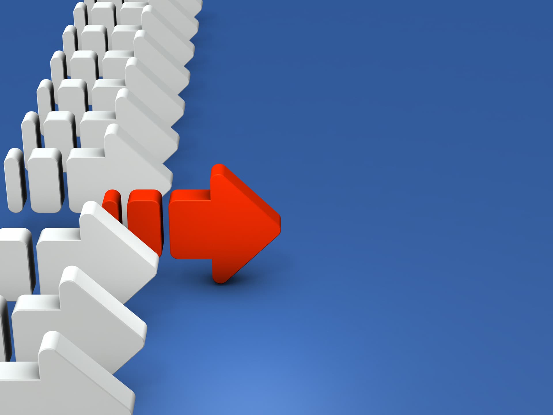 headway comeback, an arrow that advances ahead of others from a horizontal row of white arrows. An abstract concept representing a pioneer. cool blue background. 3D rendering.