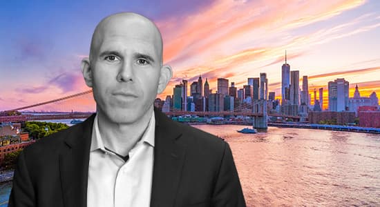 Scott Rechler, chairman and CEO at RXR, over a New York City skyline