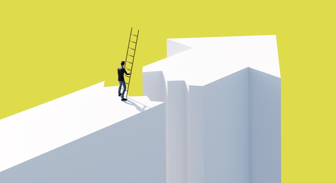 An illustration of a man bridging a gap using a ladder