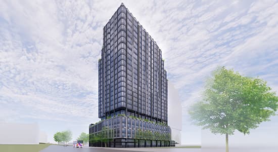 A rendering of 615 River Road in Edgewater, New Jersey. This is the first of three towers, and its construction is being funded by a loan originated by S3 Capital.