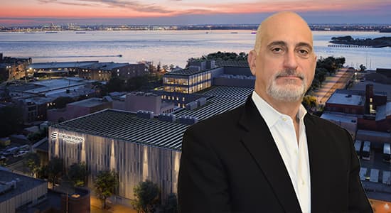 Eric Alini, chief executive officer at Counterpointe Sustainable Real Estate, in front of a rendering of Echelon Studios in Brooklyn, New York.