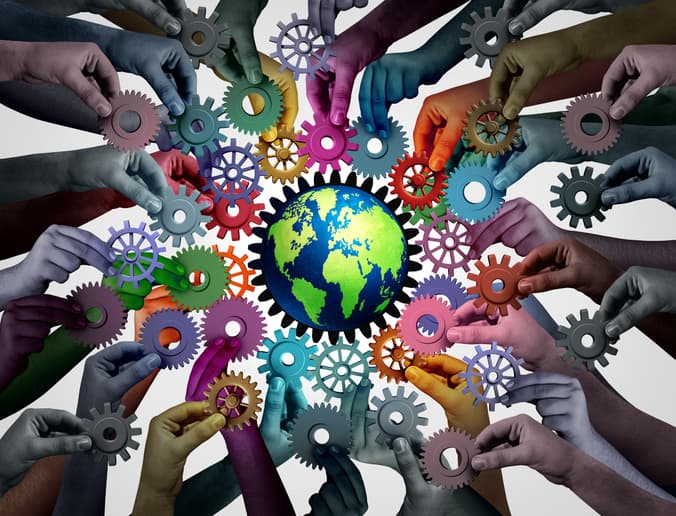 Diverse Global Economy and international community connecting together for the world economy and political stability through globalization supply chain and transatlantic or transpacific trade representing diverse business.