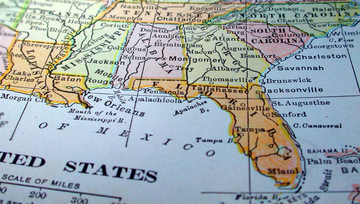 A dictionary map of the Southeast US. The photo was taken out of a one hundred + year old dictionary.
