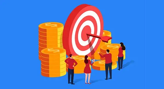 Illustration of a target with an arrow in the middle, surrounded by coins.