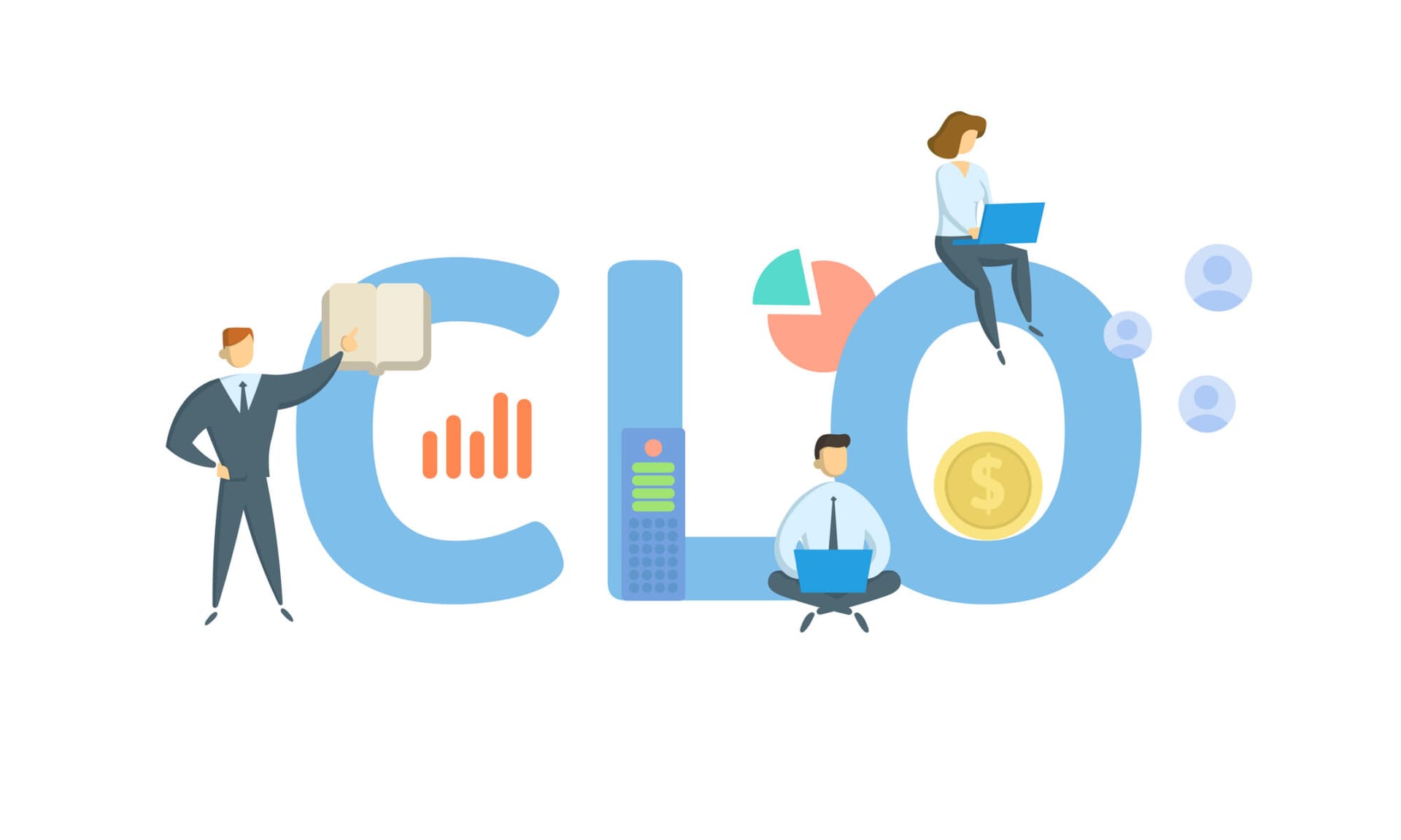 Chief legal officer (CLO) concept with keyword, people and icons. Flat vector illustration. Isolated on white background.