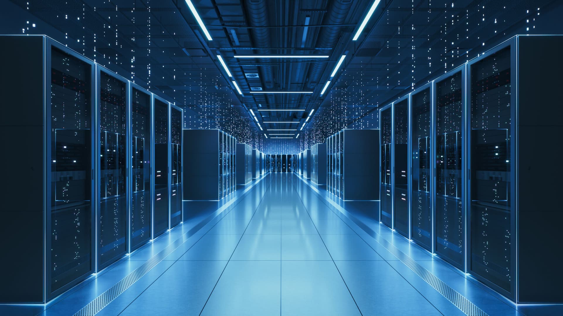 Interior view of a futuristic data center designed for artificial intelligence processing, featuring glowing servers and digital data streams.