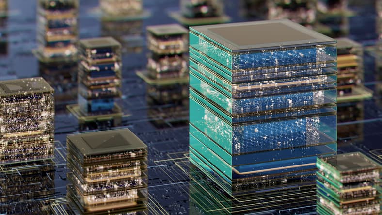 A futuristic cityscape featuring stacked glass cubes resembling data centers, reflecting lights across a circuit-like urban terrain. Symbolizes technology, innovation, and digital infrastructure powering modern cities.