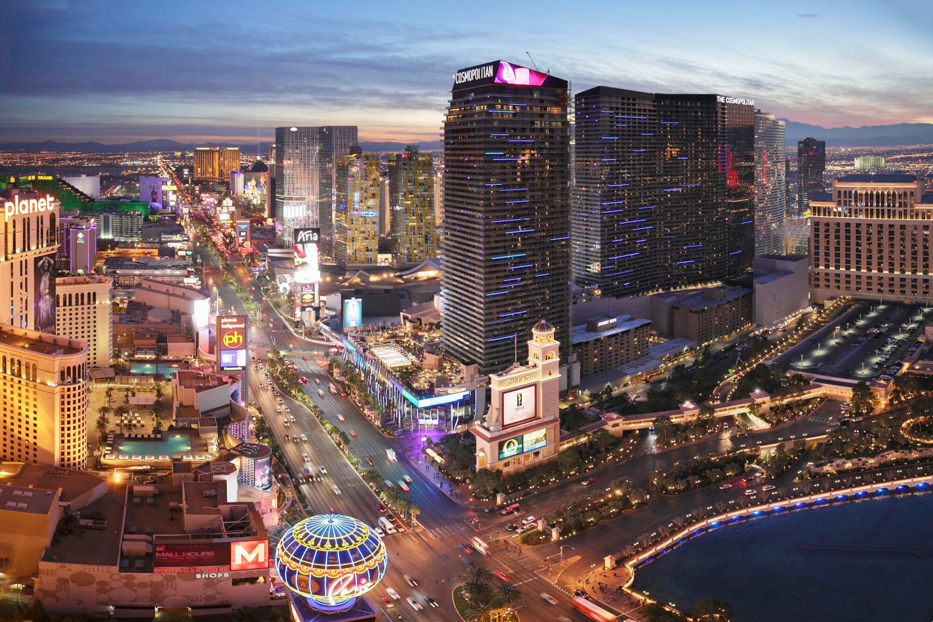 Las Vegas, USA - December 13, 2016: Night time aerial view of the Las Vegas strip - a 4.2 mile stretch of road that is bordered by hotels, resorts and casinos including the CityCenter complex, the Cosmopolitan and Planet Hollywood.
