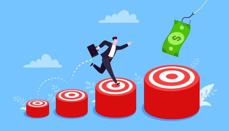 Graphic of man jumping from target to target chasing a dollar.