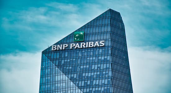 A photo of the top of one of BNP Paribas' offices, with their name emblazoned on the side