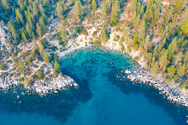 Secret Cove along Lake Tahoe in Nevada. Secret Cove is one of a series of beaches located along Highway 28 on the remote east shore of Lake Tahoe.