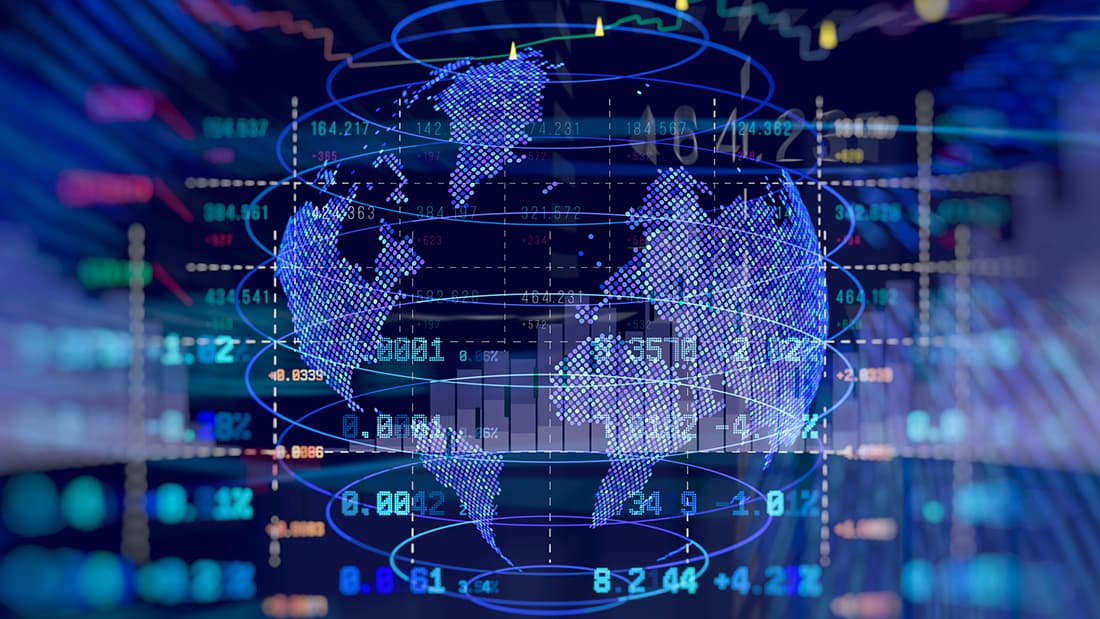 A picture of a screen showing a picture of earth and various financial figures