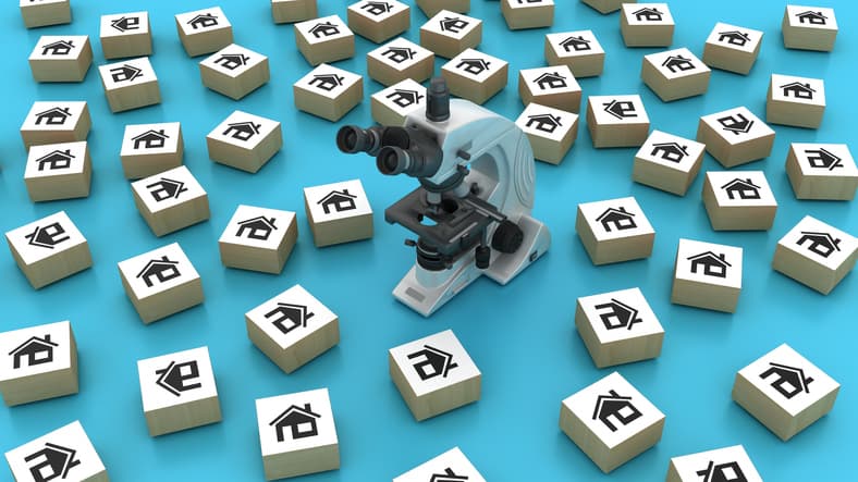 House Blocks with Microscope - Color Background - 3D Rendering