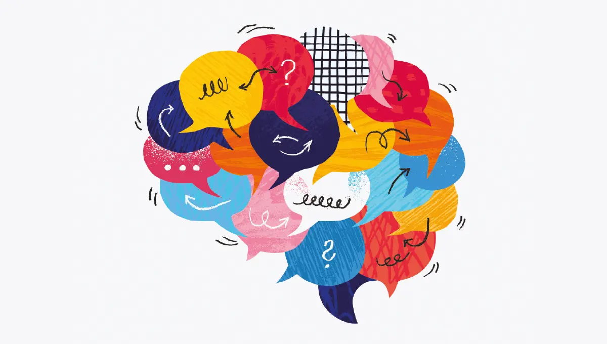 Illustration of a brain composed of many different coloured speech bubbles