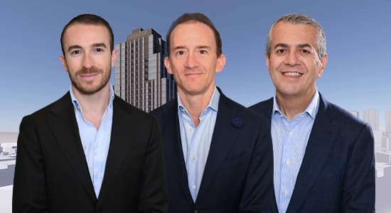 S3 Capital's Steven Jemal, Joshua Crane and Robert Schwartz in front of a rendering of 465 West 165th Street in New York City, New York.