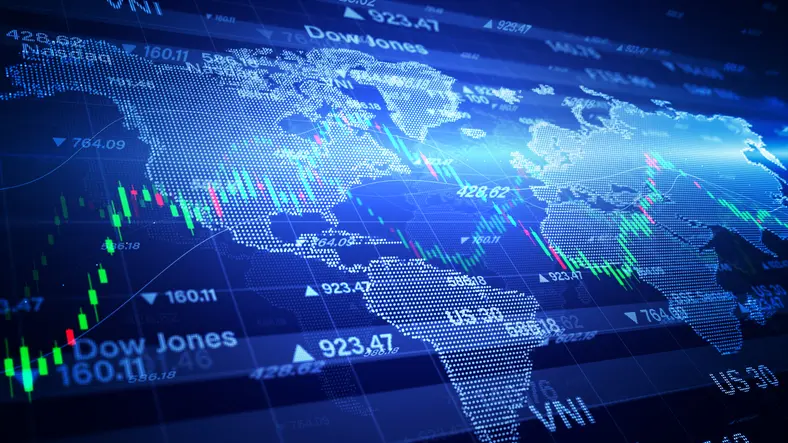Digital Data Financial Investment and Trading Trends, Financial Diagram with Graph Stock Numbers, Investment Background, Recession Global Market, Crisis, Inflation, Deflation, 3d rendering