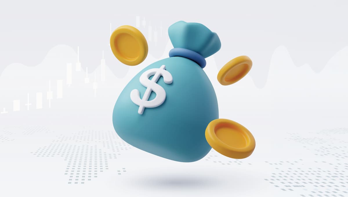 Illustration of a money bag surrounded by gold coins.
