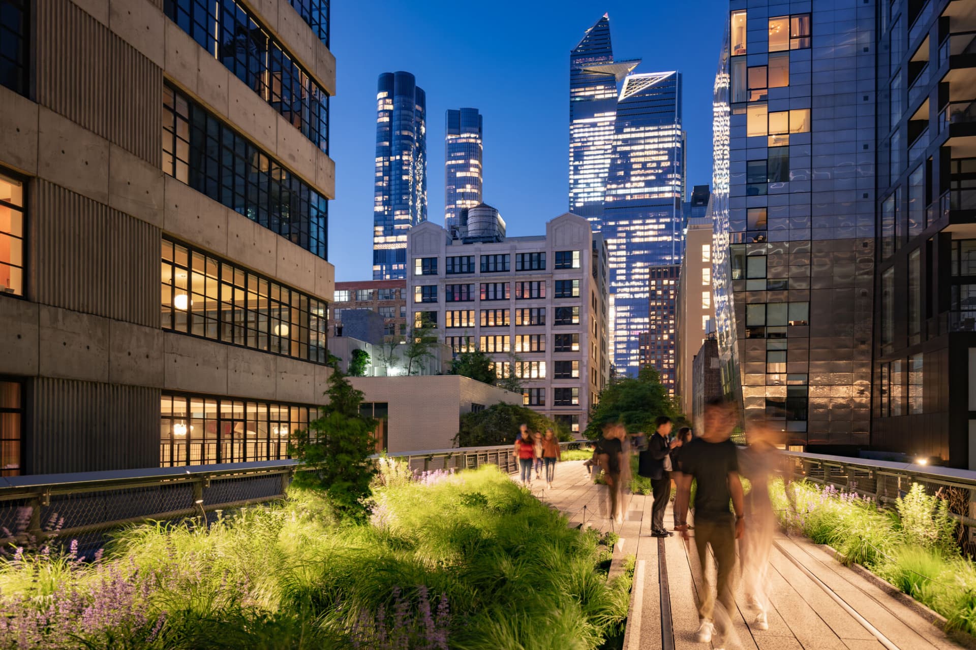 New York City, NY, USA - May, 05, 2022: High Line Park promenade in Chelsea with view on Hudson Yards skyscrapers. Manhattan