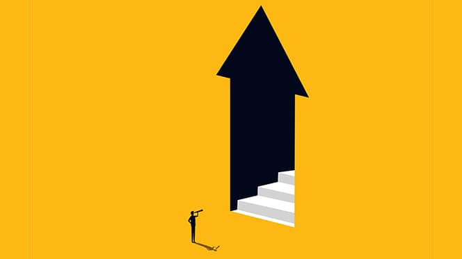 Businessman looks at stairs in the door arrow pointing up