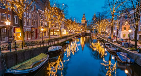 Amsterdam canal scene at night, the Netherlands